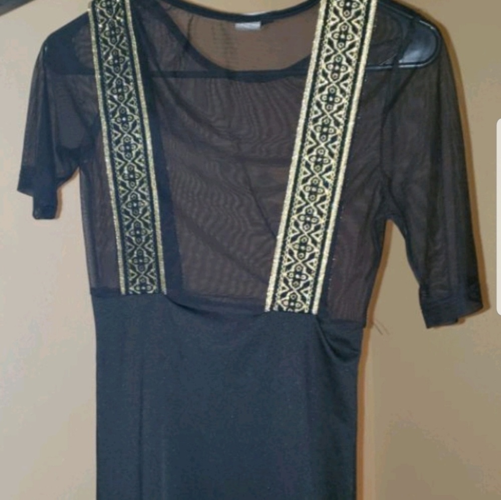 Boutique black dress with gold araps
